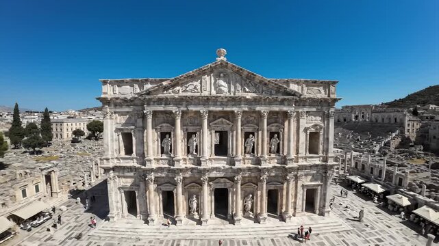 Exploring Ancient Theater of Miletus With Statues and Columns on Sunny Day