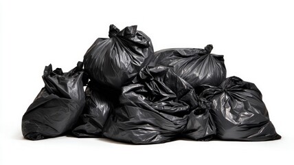 Pile of black garbage bags on white background. Artificial intelligence image