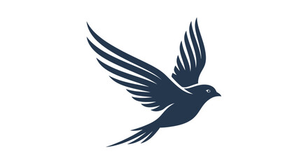 A stylized dark blue silhouette of a bird in mid-flight, with its wings spread wide against a plain white background, conveying a sense of freedom and movement.