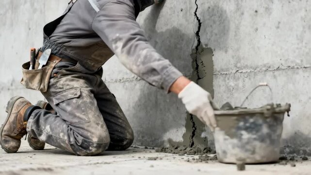 Medium shot of skilled laborer patching a large concrete crack using mortar restoring smooth surface integrity