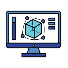 Vector illustration of computer monitor displaying 3d modeling software interface