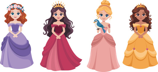 Cartoon princess characters, fairytale queens, fantasy royal gown illustration, children’s story art, elegant dresses, magical kingdom, vector design, colorful clipart, royalty, tiara © Hello World