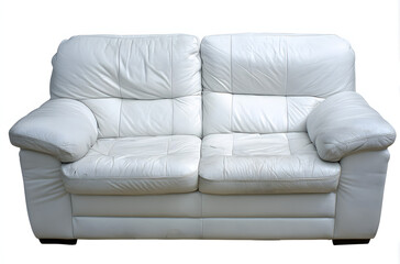 White leather sofa with plush cushions stands against a white background.