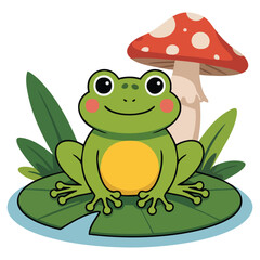 Smiling green frog sitting on lily pad with red mushroom isolated vector illustration on white background