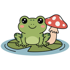 Happy frog character on water lily with amanita mushroom isolated vector illustration on white background