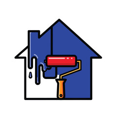 Vector illustration of house outline being painted blue with a red paint roller