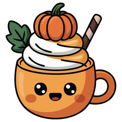 Kawaii style pumpkin spice latte with cream topping isolated vector illustration on white background