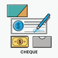 Vector illustration of illustration of a cheque with a pen and money
