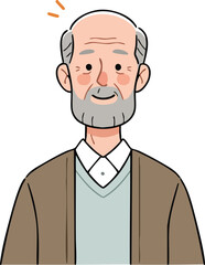 Cartoon illustration of an elderly man with arthritis, depicted with a warm smile and rosy cheeks, wearing a brown cardigan and blue sweater against a clean white background.