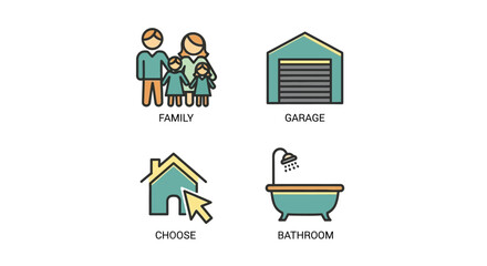 Vector illustration of four icons representing family, garage, choose, and bathroom