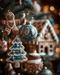 Fototapeta premium Close-up of a Christmas tree decorated with baubles, lights, gingerbread and candies.