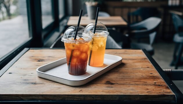 Two refreshing iced drinks with straws on a tray on a wooden table