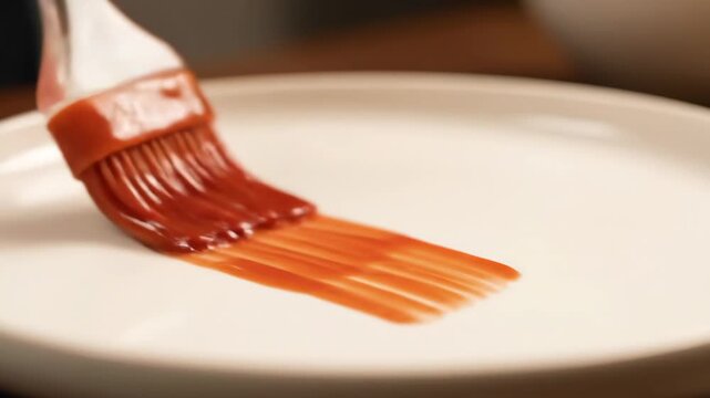 Silicone basting brush applying a rich reddish sauce in a striped pattern on a white plate