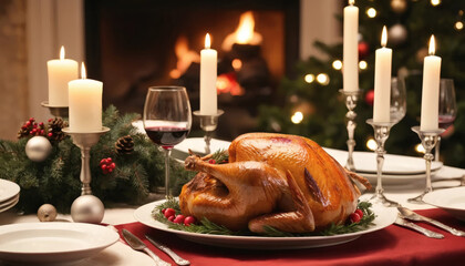 Classic Thanksgiving turkey dinner with candles and wine creates a warm and inviting festive atmosphere for family celebrations and holiday gatherings
