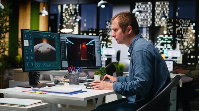 Male IT engineer uses AI techniques to create video game and a turbine, futuristic gaming design for a Mars station project. Sci fi system for a modern game lobby, professional software. Camera B.