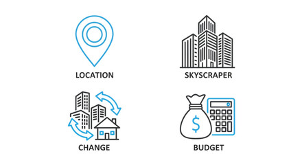 Vector illustration of real estate icons location, skyscraper, change, and budget