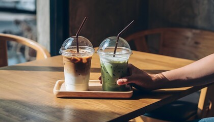 Two iced coffee drinks on a wooden table with a hand reaching for one