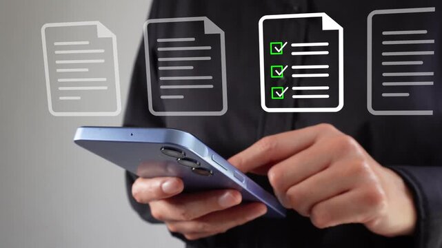 Reviewing documents on a cell phone. Businesswoman with smartphone in hand and an animation of several documents at the top.