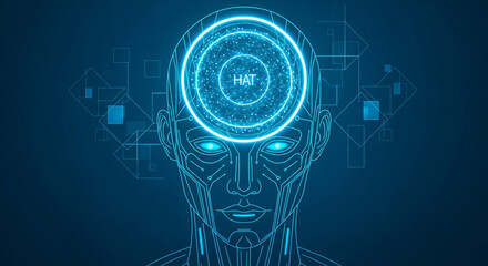 Futuristic AI Head Concept for Technology Innovation and Digital Transformation Projects Showing Human Machine Teaming and the Future of Artificial Intelligence