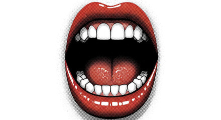 Bold red lips wide open with a halftone effect shouting a message or singing a song, perfect for music, beauty and fashion campaigns