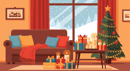 Festive Christmas Living Room with Decorated Tree and Gifts.