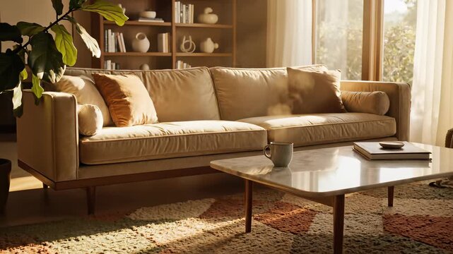 Cozy living room scene featuring plush couch, low profile coffee table, and potted plant perfectly capturing the concept of warmth and comfort in residential spaces or hospitality settings.