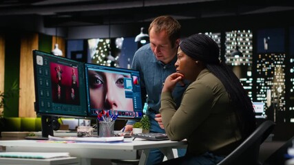 Two photo editors using AI tools and program for retouching and generating content, professional images for creative industry. Diverse photographers editing materials, text to image. Camera B.