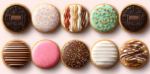 Collection of round cookie cookies biscuit, sprinkle and icing set, on transparent background cutout. PNG file. Many assorted different flavour. Mockup template for artwork design
