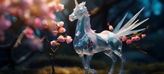A unicorn , a small creature made of glass that is sitting in the palm of your hand