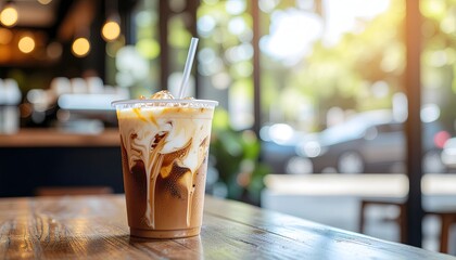 Delicious cold brew coffee with cream and ice on a wooden table at a cafe
