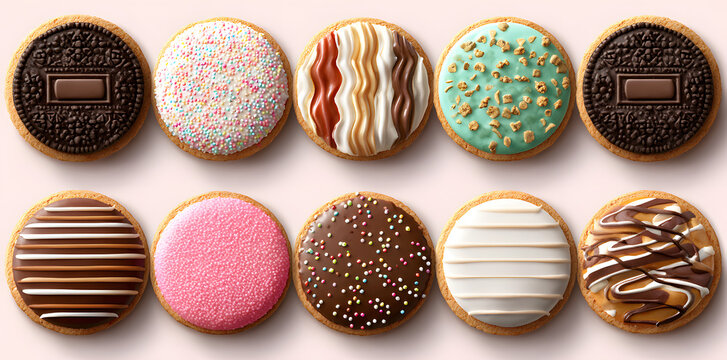 Collection of round cookie cookies biscuit, sprinkle and icing set, on transparent background cutout. PNG file. Many assorted different flavour. Mockup template for artwork design