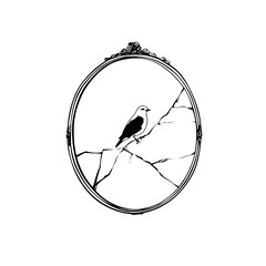 Bird in broken mirror illustration vintage frame sketch drawing black and white art design vector image