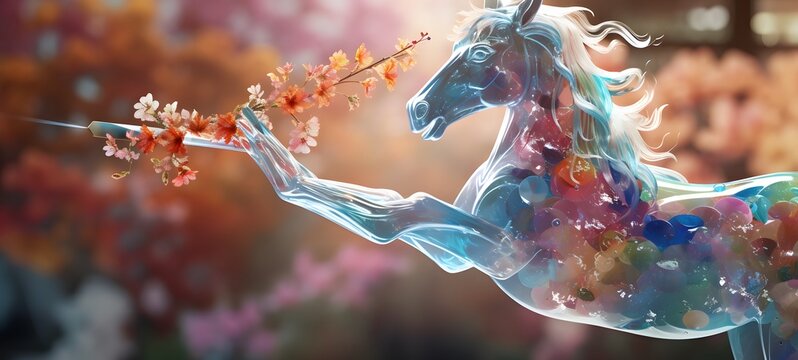 A unicorn , a small creature made of glass that is sitting in the palm of your hand