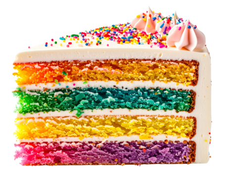  Close-up of pastel rainbow cake corner showing vivid cream layers and sprinkles, isolated on a transparent background, PNG