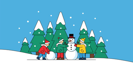 Children Building a Snowman in a Winter Wonderland.