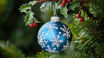 Blue ornament with snowflakes and mistletoe elements hanging from a branch, holly pattern, mistletoe