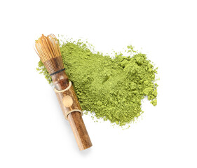 Powdered matcha tea with chasen on white background