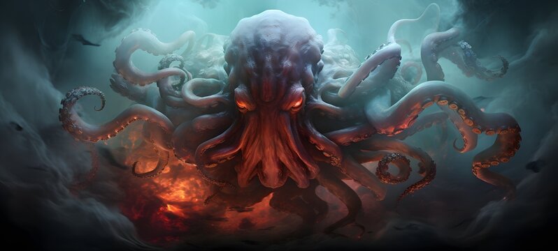 a light demonic kraken , coming out of the smoke