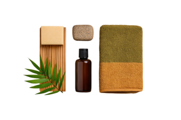 Flat lay of spa items on a bamboo mat against a black background