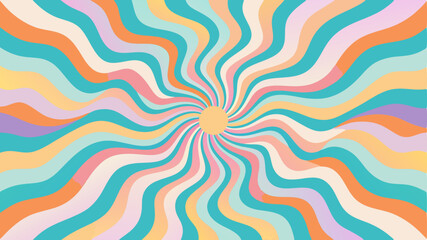 Vibrant, colorful sunburst background with wavy, psychedelic, 1970s retro style. Groovy, trippy pattern for fun, playful graphic design, posters, textiles, and party themes.