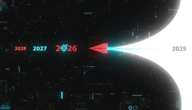 Futuristic digital countdown clock with glowing numbers and abstract cosmic background