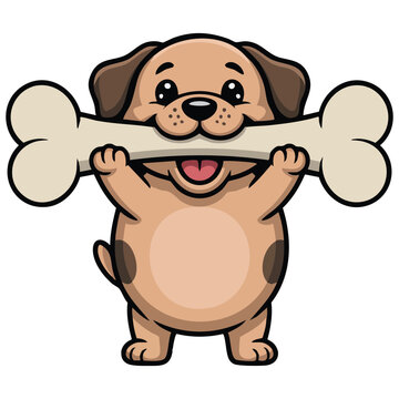 Plump canine holding big bone in mouth cartoon vector illustration