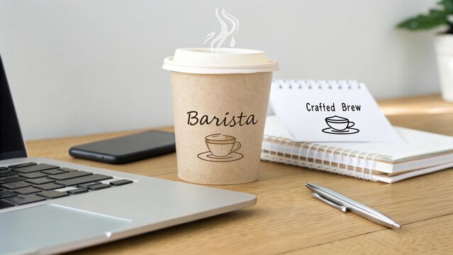 A Barista coffee cup with steam on a workspace