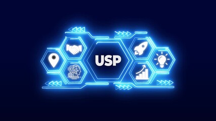 Unique Selling Proposition Business Strategy Concept Digital Network Icons Glowing Neon Blue