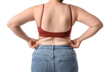 Fototapeta premium Overweight woman on white background, back view