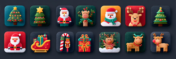 Christmas holiday flat icons - Santa Claus, xmas tree, star, candy cane, nutcracker, mistletoe, reindeer, sleigh with gifts. Vector cartoon illustration.