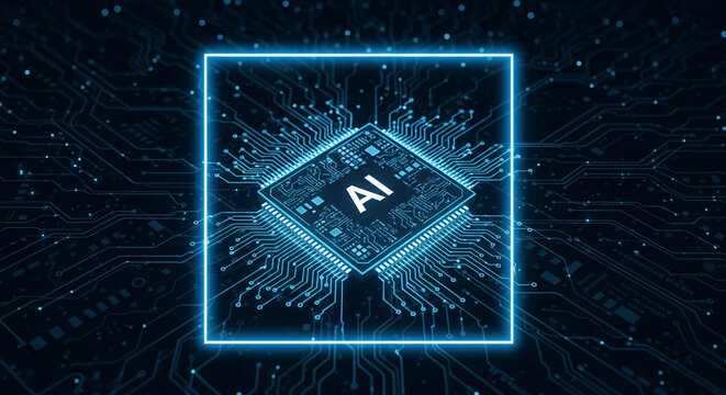 Modern AI chip illustration for innovative tech companies, symbolizing artificial intelligence revolution and future technology advancements in electric blue tones - Powered by Adobe