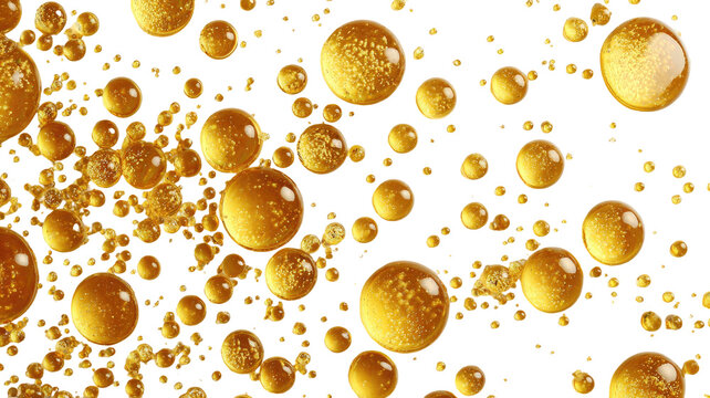 Golden fluid spheres float against a black backdrop, abstract