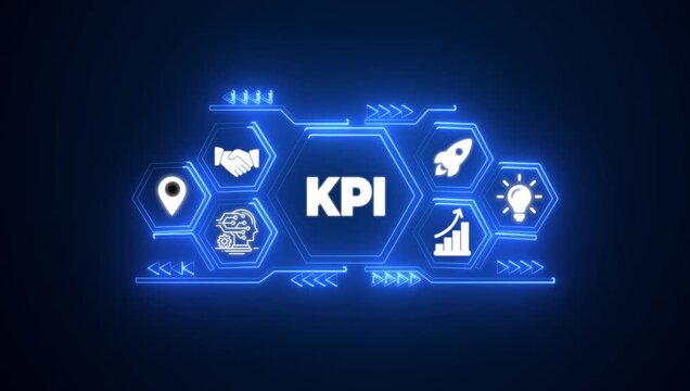 Futuristic K P I dashboard with glowing neon icons for business growth strategy and success metrics