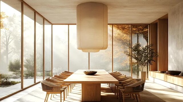 Modern dining room with large table and natural light